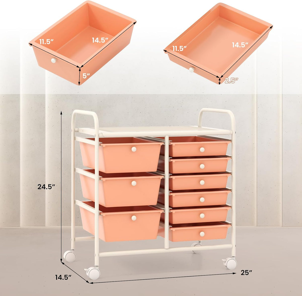 Rolling Storage Cart with 9 Drawer, Utility Cart with Metal Frame