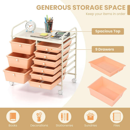 Rolling Storage Cart with 9 Drawer, Utility Cart with Metal Frame