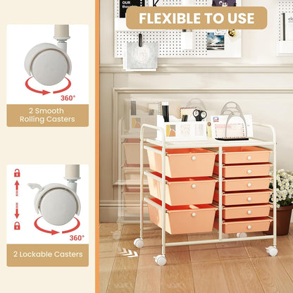 Rolling Storage Cart with 9 Drawer, Utility Cart with Metal Frame