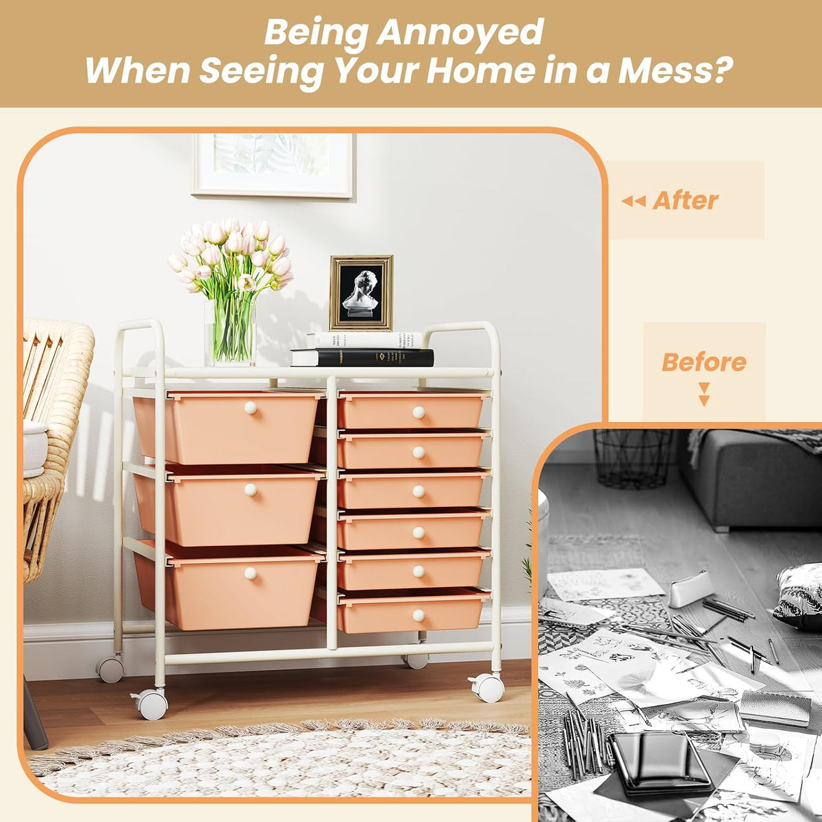Rolling Storage Cart with 9 Drawer, Utility Cart with Metal Frame