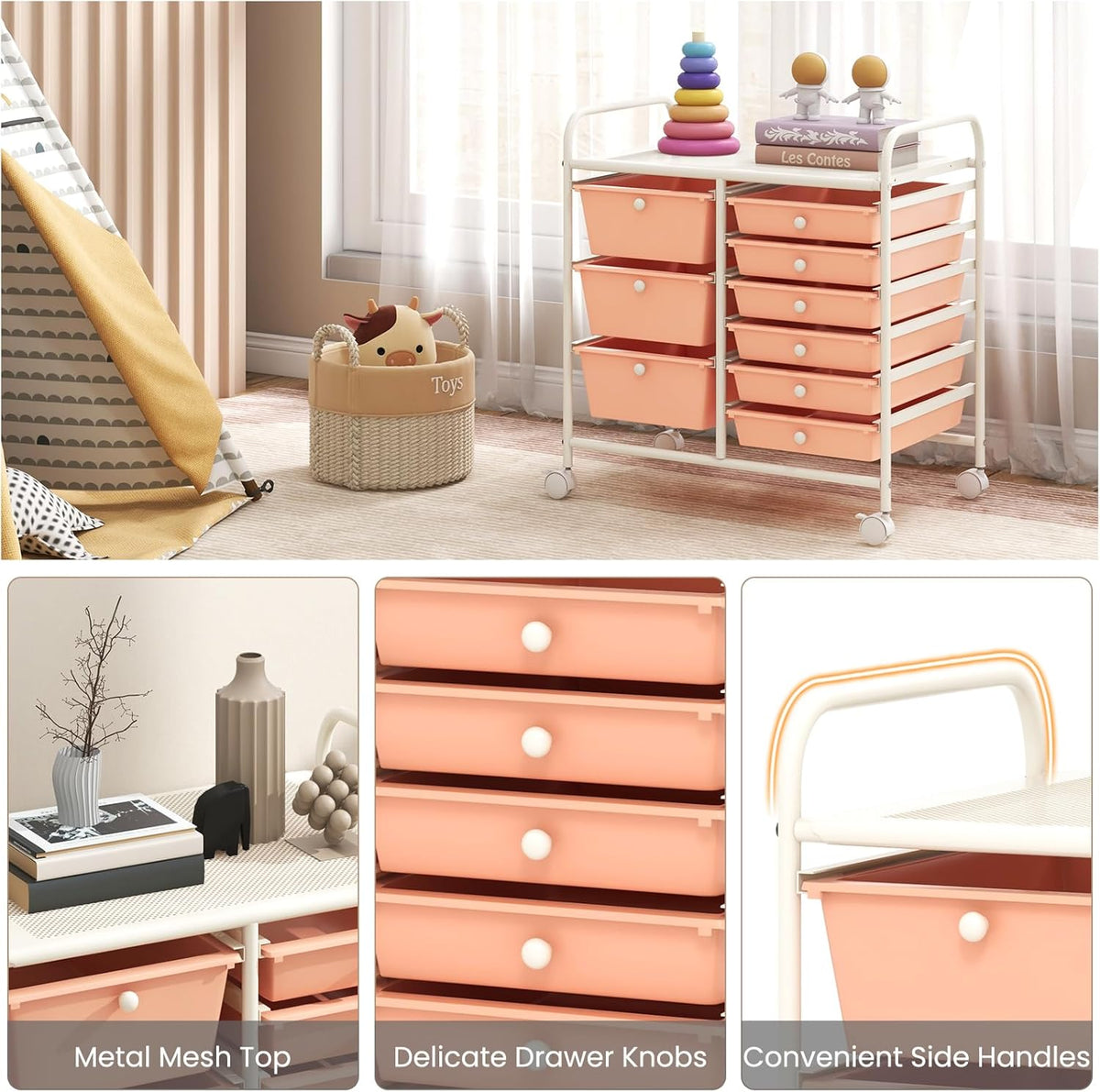 Rolling Storage Cart with 9 Drawer, Utility Cart with Metal Frame