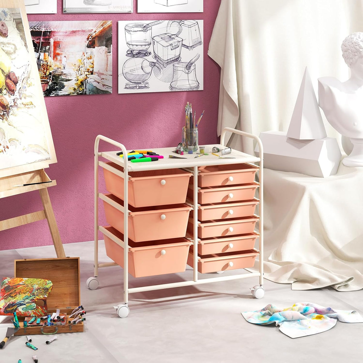 Rolling Storage Cart with 9 Drawer, Utility Cart with Metal Frame