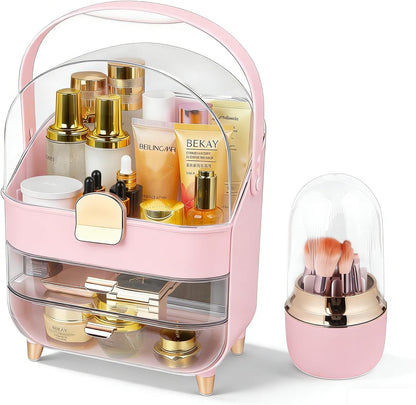 Makeup Organizer with 360 Rotating Brush Holder, Large Skincare Organizer for Vanity, Dustproof Cosmetic Display Case with 2 Drawers for Bathroom Countertop, 16" Tall Portable Beauty Storage,Pink