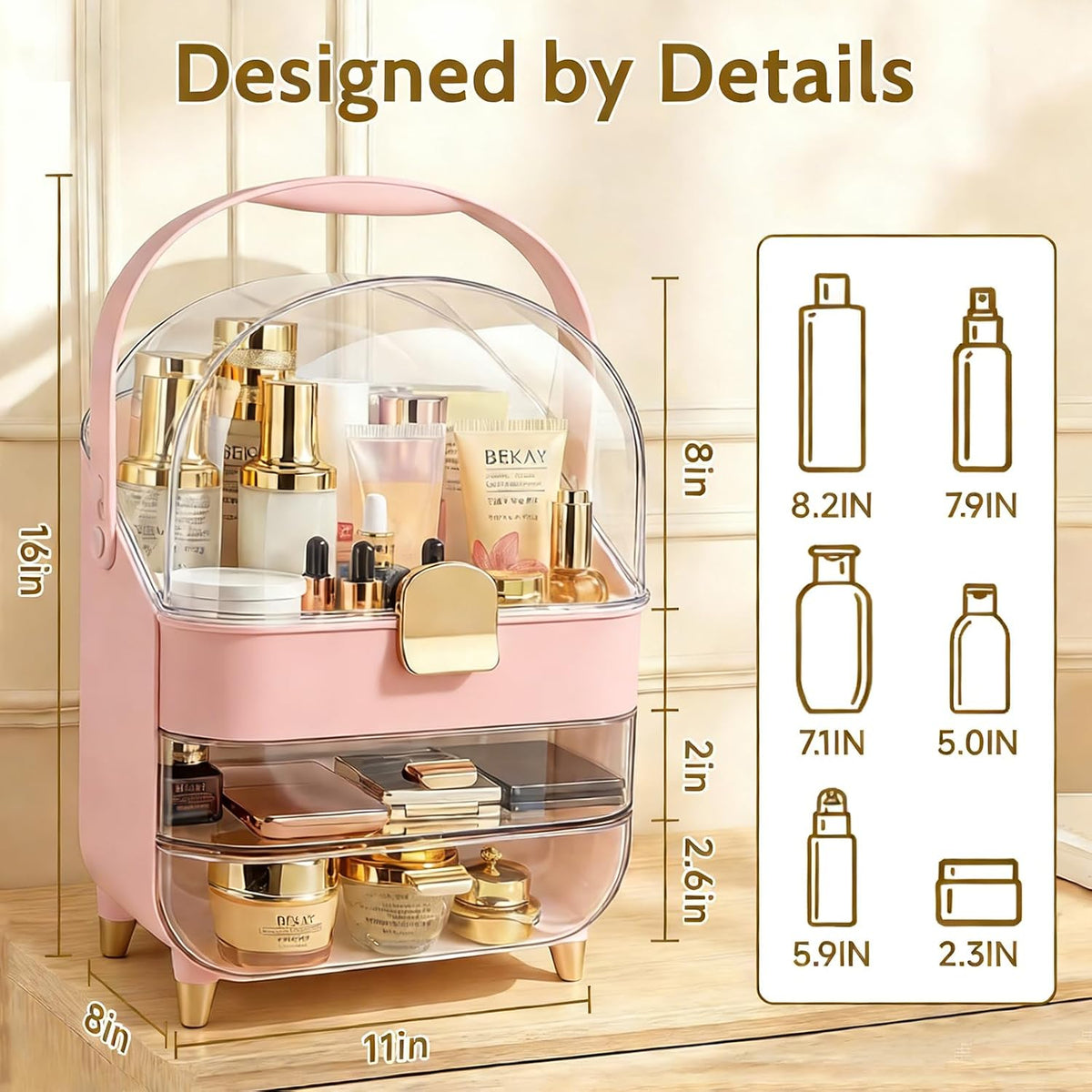 Makeup Organizer with 360 Rotating Brush Holder, Large Skincare Organizer for Vanity, Dustproof Cosmetic Display Case with 2 Drawers for Bathroom Countertop, 16" Tall Portable Beauty Storage,Pink