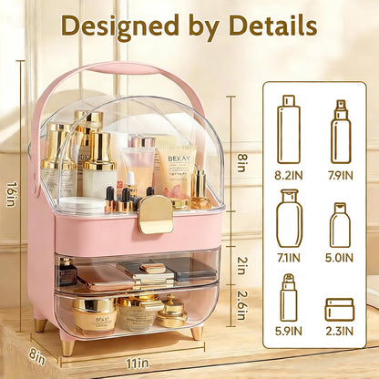 Makeup Organizer with 360 Rotating Brush Holder, Large Skincare Organizer for Vanity, Dustproof Cosmetic Display Case with 2 Drawers for Bathroom Countertop, 16" Tall Portable Beauty Storage,Pink