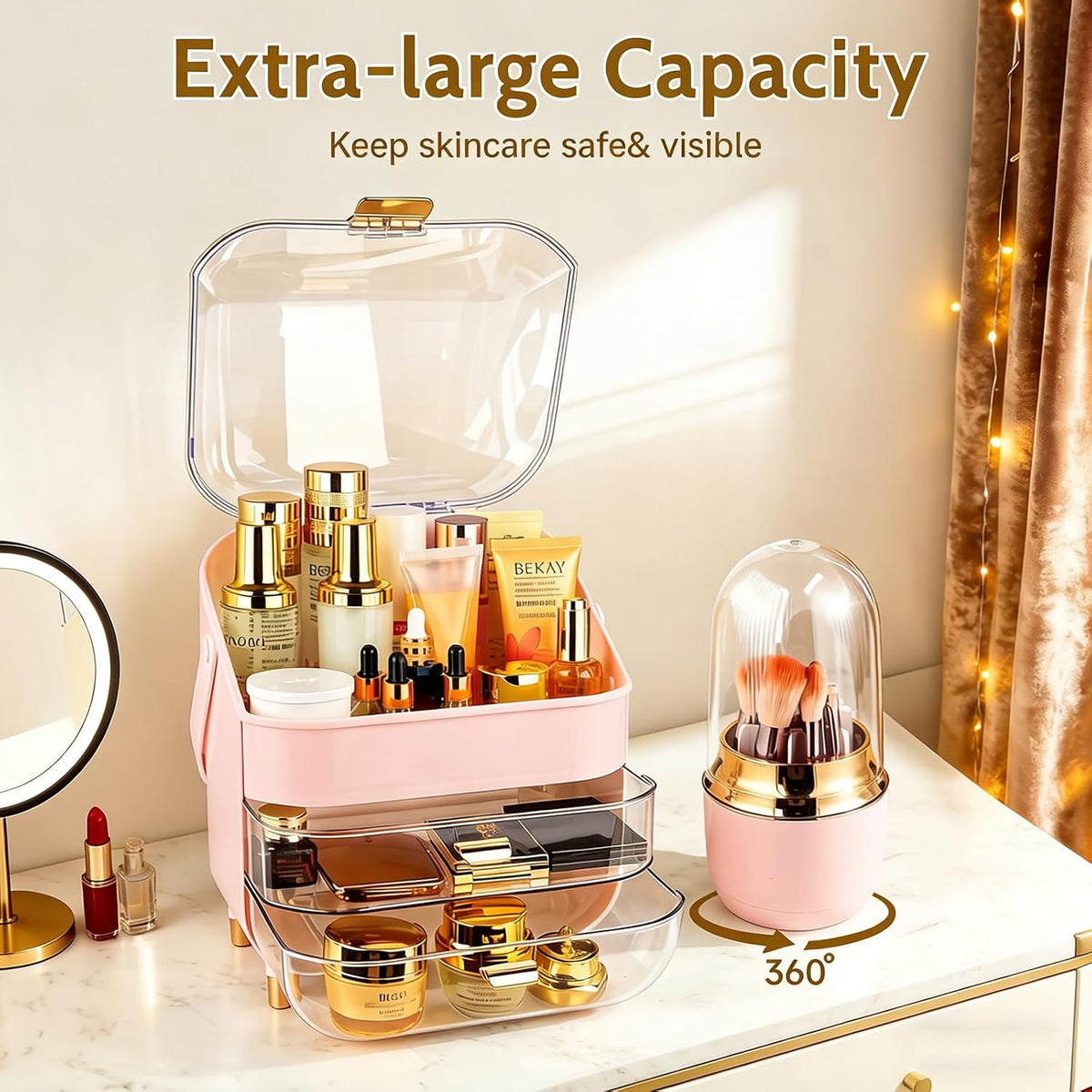 Makeup Organizer with 360 Rotating Brush Holder, Large Skincare Organizer for Vanity, Dustproof Cosmetic Display Case with 2 Drawers for Bathroom Countertop, 16" Tall Portable Beauty Storage,Pink