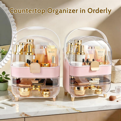 Makeup Organizer with 360 Rotating Brush Holder, Large Skincare Organizer for Vanity, Dustproof Cosmetic Display Case with 2 Drawers for Bathroom Countertop, 16" Tall Portable Beauty Storage,Pink