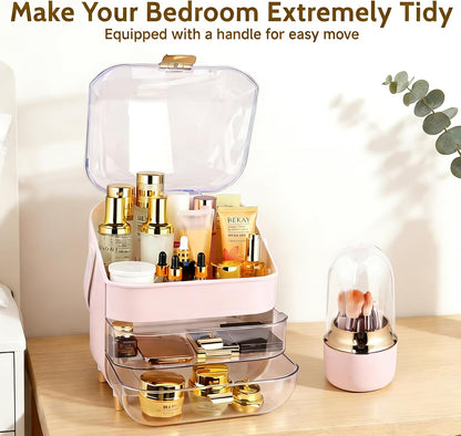 Makeup Organizer with 360 Rotating Brush Holder, Large Skincare Organizer for Vanity, Dustproof Cosmetic Display Case with 2 Drawers for Bathroom Countertop, 16" Tall Portable Beauty Storage,Pink