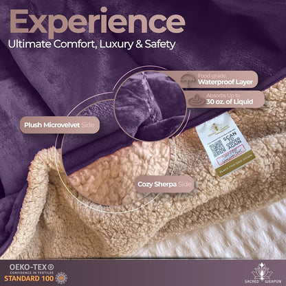Sacred Weapon Mini Waterproof Throw Blanket for Bed, Couch, Sofa & Travel – Plush Sherpa Fleece, Mattress Protector – Absorbent, Washable, Spill Proof – for Adults, Babies & Pets – Purple 40x45