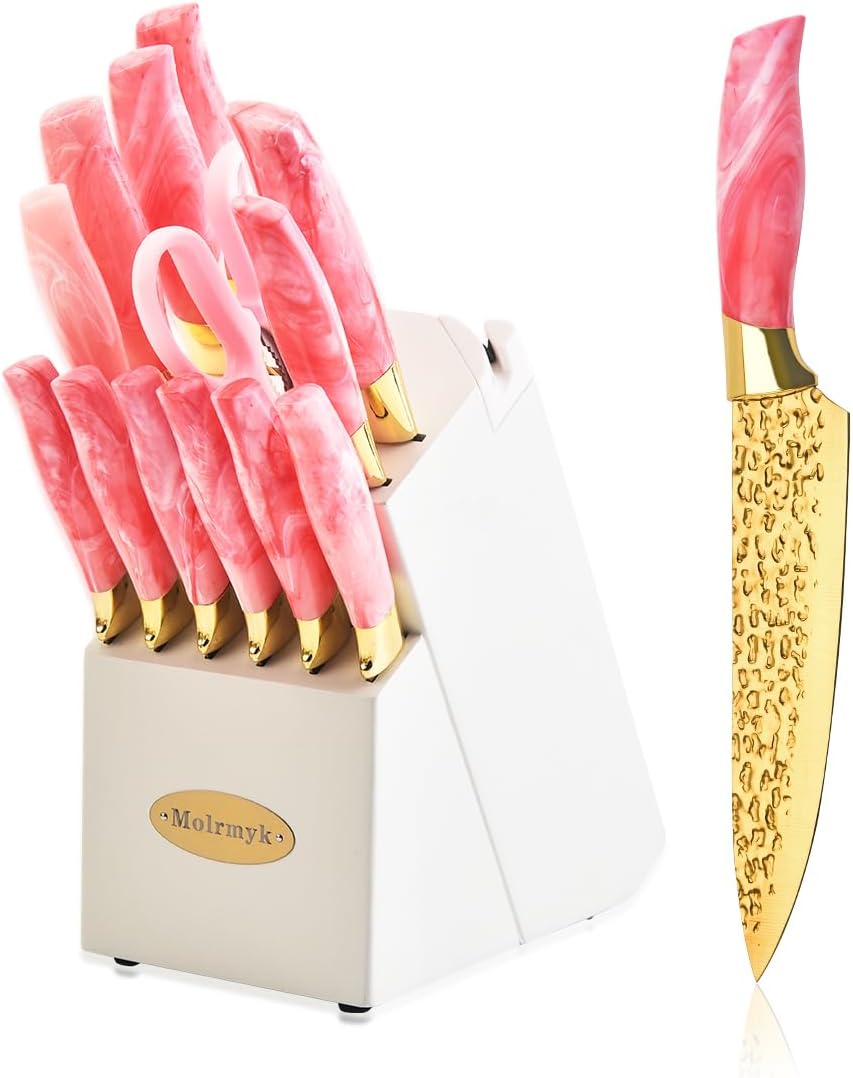 Knife Set, Non Stick Thick and Sharp Stainless Steel Kitchen Knives Set with Wood Block, 14 Pcs Cutlery Knives Block Set with Steak Knife, Bread Knife, Scissors, Chef Quality, Pink Handle, Gold Blade
