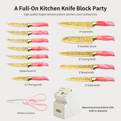 Knife Set, Non Stick Thick and Sharp Stainless Steel Kitchen Knives Set with Wood Block, 14 Pcs Cutlery Knives Block Set with Steak Knife, Bread Knife, Scissors, Chef Quality, Pink Handle, Gold Blade