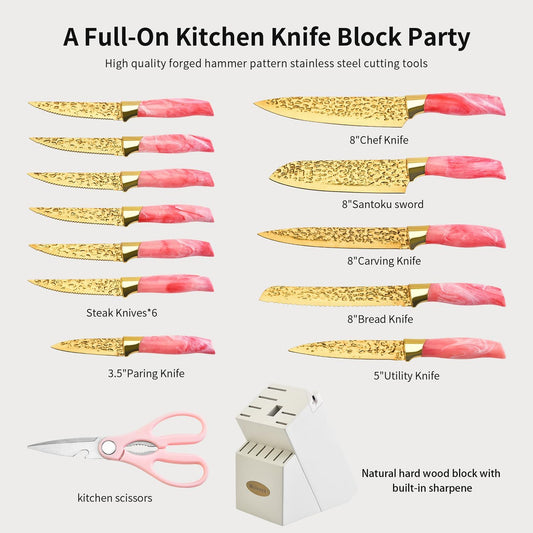Knife Set, Non Stick Thick and Sharp Stainless Steel Kitchen Knives Set with Wood Block, 14 Pcs Cutlery Knives Block Set with Steak Knife, Bread Knife, Scissors, Chef Quality, Pink Handle, Gold Blade