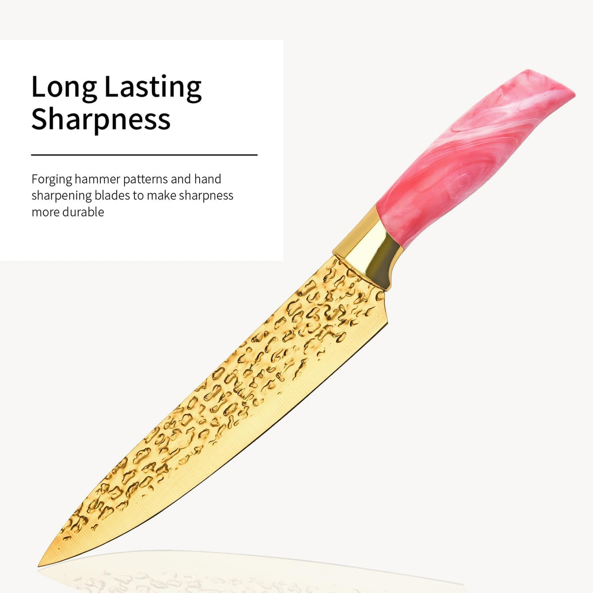 Knife Set, Non Stick Thick and Sharp Stainless Steel Kitchen Knives Set with Wood Block, 14 Pcs Cutlery Knives Block Set with Steak Knife, Bread Knife, Scissors, Chef Quality, Pink Handle, Gold Blade