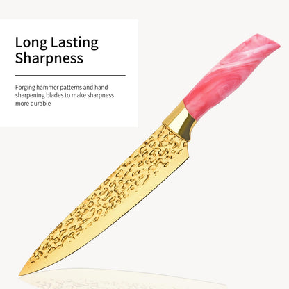 Knife Set, Non Stick Thick and Sharp Stainless Steel Kitchen Knives Set with Wood Block, 14 Pcs Cutlery Knives Block Set with Steak Knife, Bread Knife, Scissors, Chef Quality, Pink Handle, Gold Blade