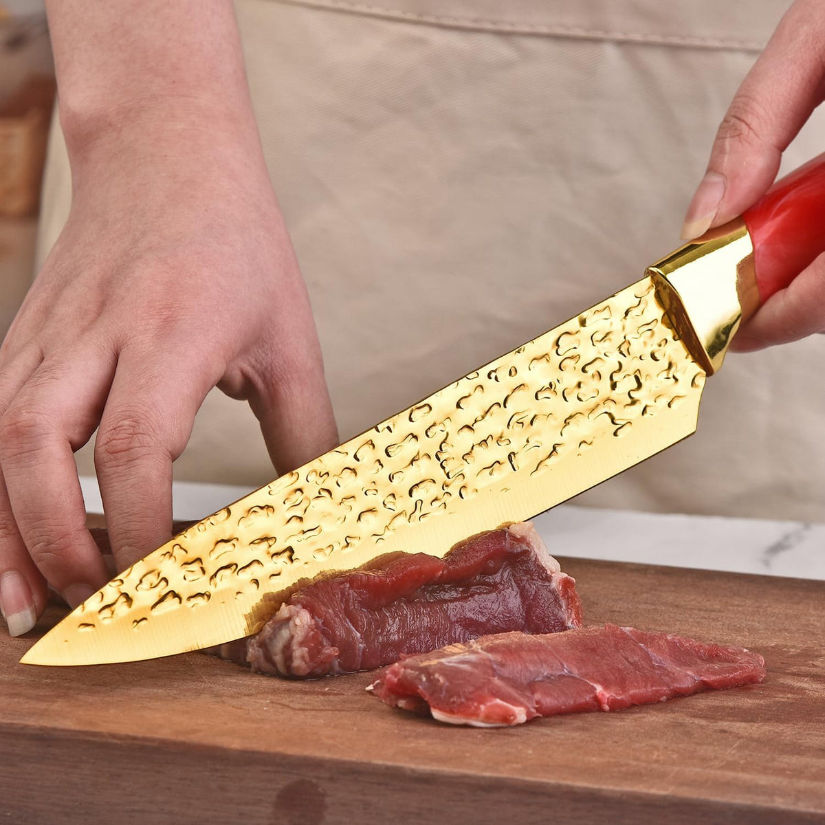 Knife Set, Non Stick Thick and Sharp Stainless Steel Kitchen Knives Set with Wood Block, 14 Pcs Cutlery Knives Block Set with Steak Knife, Bread Knife, Scissors, Chef Quality, Pink Handle, Gold Blade