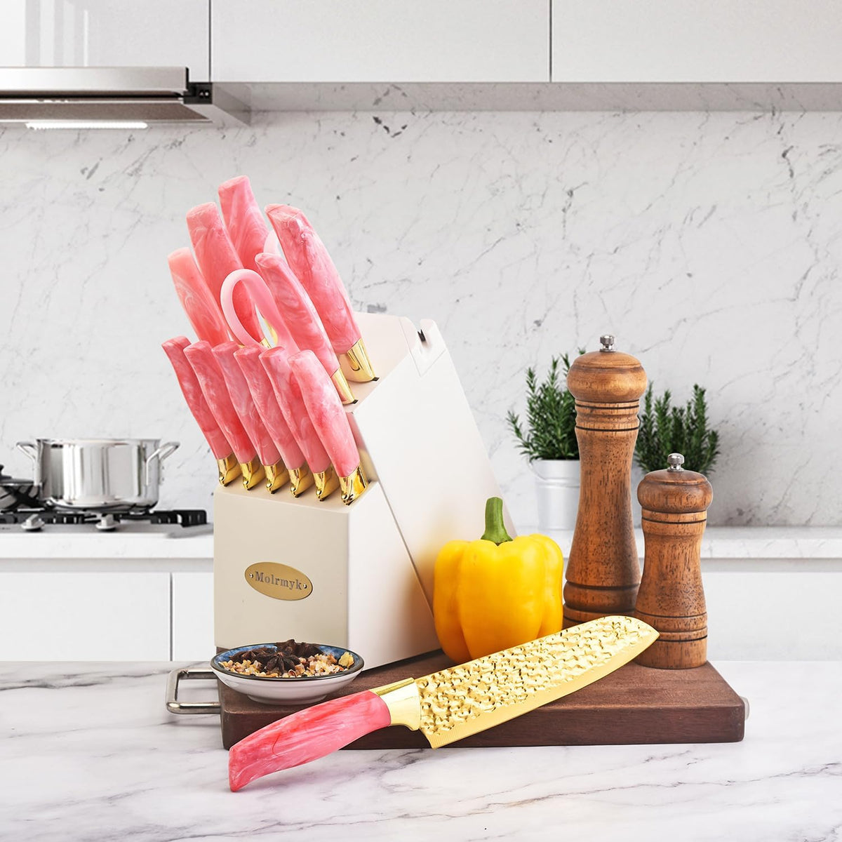 Knife Set, Non Stick Thick and Sharp Stainless Steel Kitchen Knives Set with Wood Block, 14 Pcs Cutlery Knives Block Set with Steak Knife, Bread Knife, Scissors, Chef Quality, Pink Handle, Gold Blade