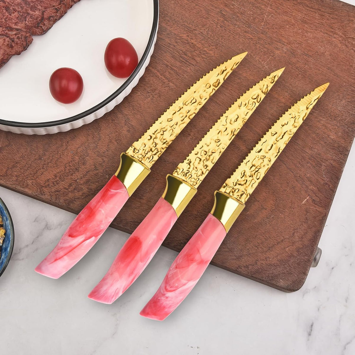 Knife Set, Non Stick Thick and Sharp Stainless Steel Kitchen Knives Set with Wood Block, 14 Pcs Cutlery Knives Block Set with Steak Knife, Bread Knife, Scissors, Chef Quality, Pink Handle, Gold Blade