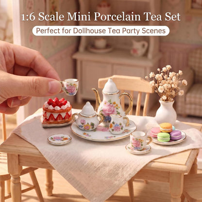 Miniature Tea Set 1/6 Scale Dollhouse Accessories Porcelain, Light Pink