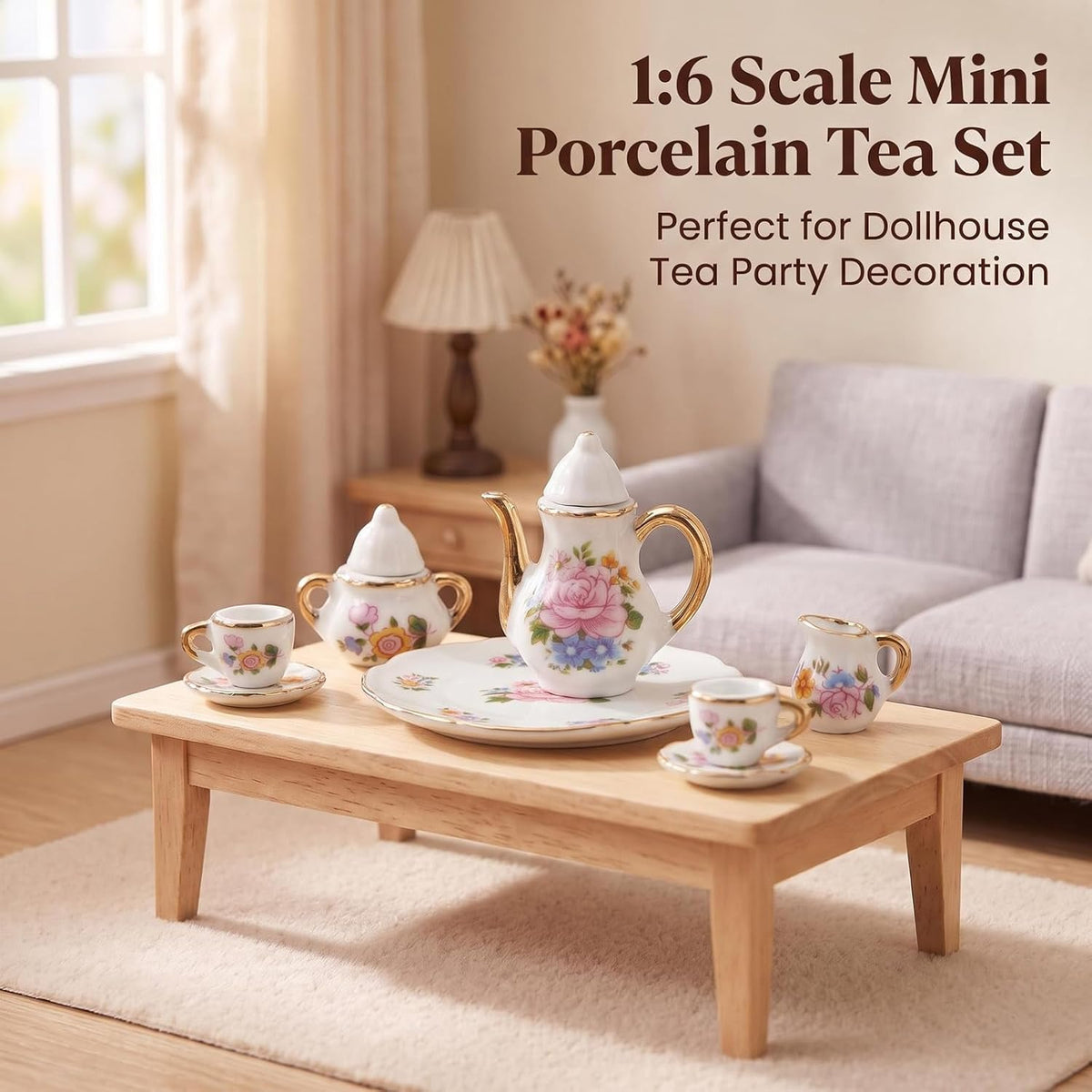 Miniature Tea Set 1/6 Scale Dollhouse Accessories Porcelain, Light Pink
