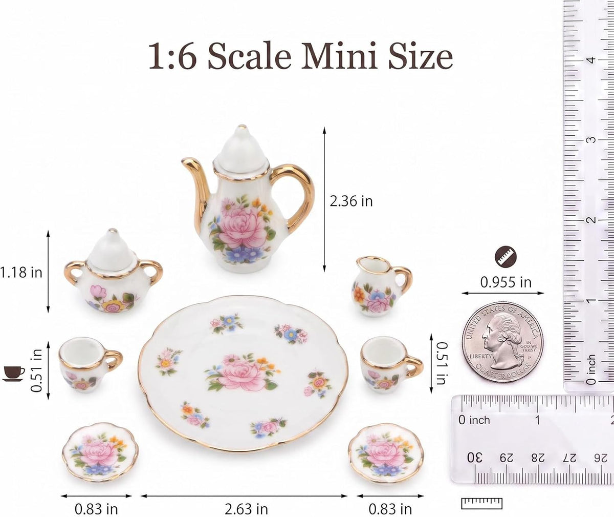 Miniature Tea Set 1/6 Scale Dollhouse Accessories Porcelain, Light Pink