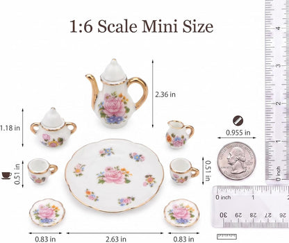 Miniature Tea Set 1/6 Scale Dollhouse Accessories Porcelain, Light Pink