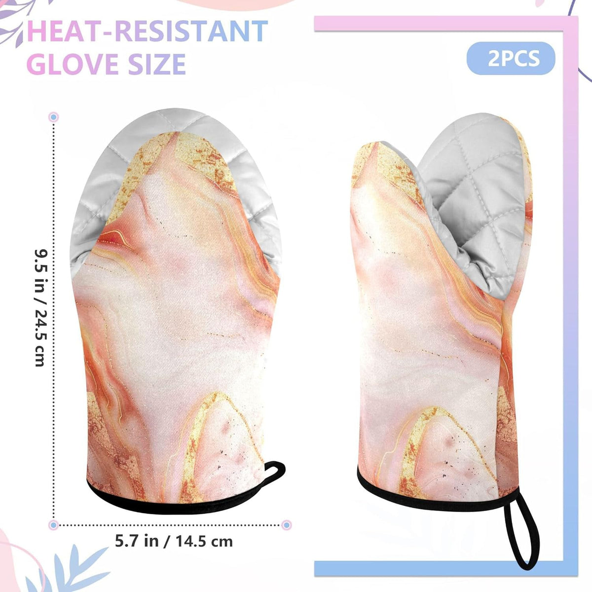 Rose Gold Marble Oven Mitts 400F Heat Resistant, Cotton Kitchen Gloves for Baking BBQ, 9.5x5.7in, 1 Pair with Hanging Loop