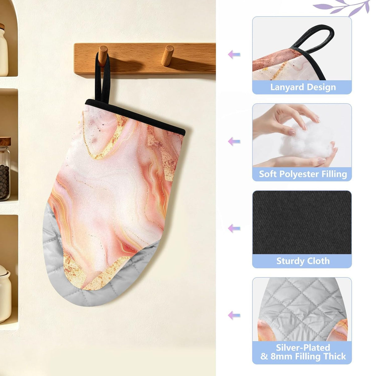 Rose Gold Marble Oven Mitts 400F Heat Resistant, Cotton Kitchen Gloves for Baking BBQ, 9.5x5.7in, 1 Pair with Hanging Loop