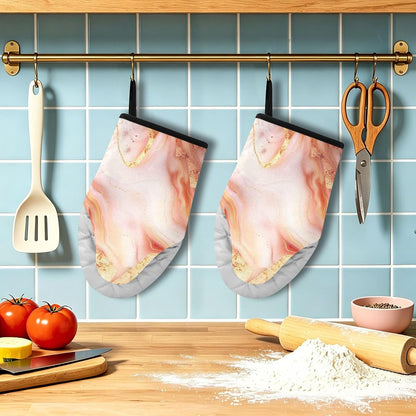Rose Gold Marble Oven Mitts 400F Heat Resistant, Cotton Kitchen Gloves for Baking BBQ, 9.5x5.7in, 1 Pair with Hanging Loop