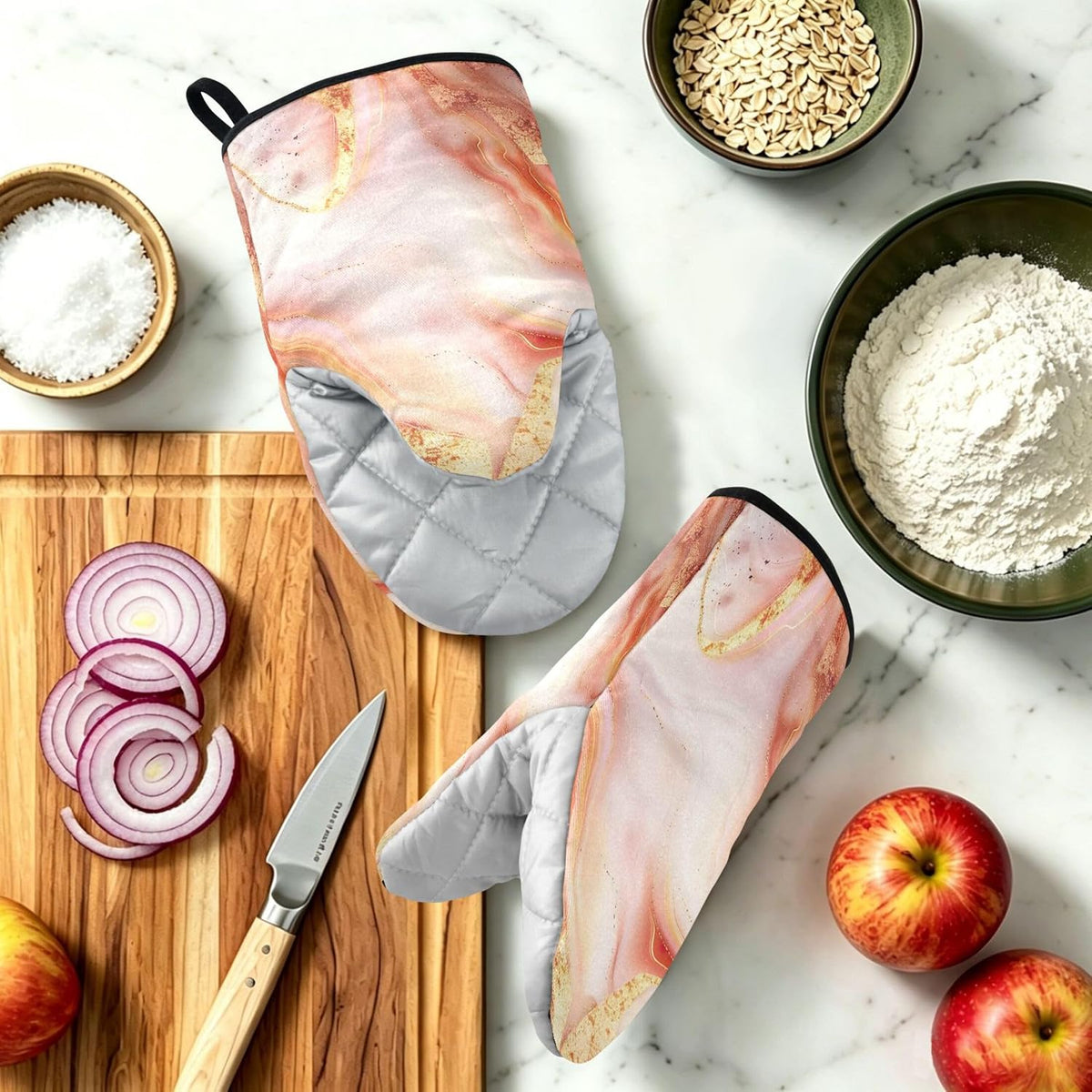 Rose Gold Marble Oven Mitts 400F Heat Resistant, Cotton Kitchen Gloves for Baking BBQ, 9.5x5.7in, 1 Pair with Hanging Loop
