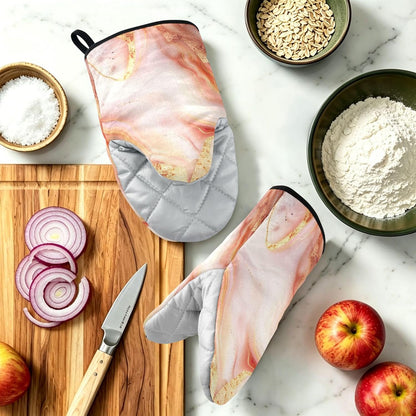 Rose Gold Marble Oven Mitts 400F Heat Resistant, Cotton Kitchen Gloves for Baking BBQ, 9.5x5.7in, 1 Pair with Hanging Loop