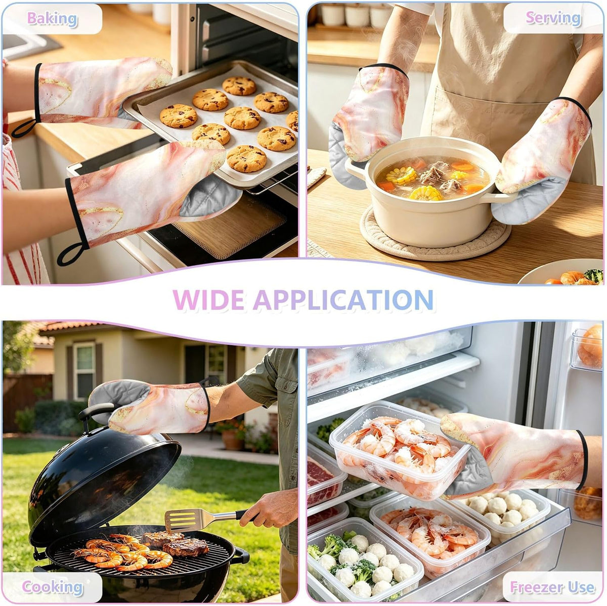 Rose Gold Marble Oven Mitts 400F Heat Resistant, Cotton Kitchen Gloves for Baking BBQ, 9.5x5.7in, 1 Pair with Hanging Loop
