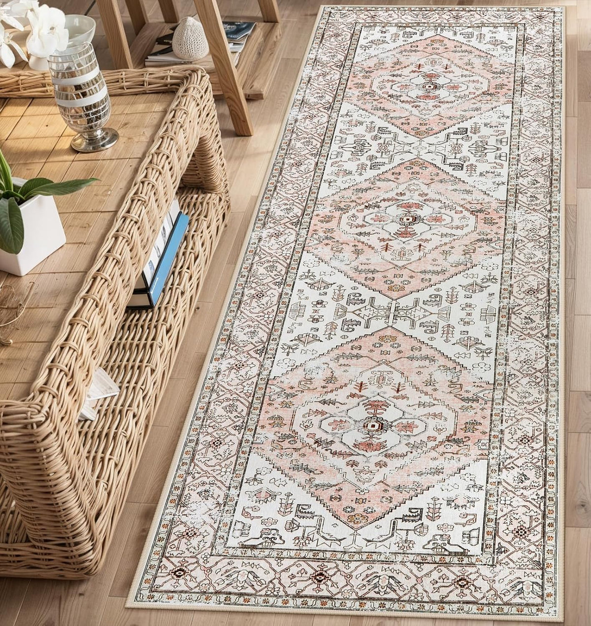 Boho Washable Non-Slip Pink Rug - Ultra-Thin Non-Shedding Bedroom Bathroom Carpet Runner for Hallway Entryway Adelyn (Pink, 2'x6')