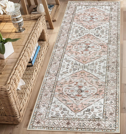 Boho Washable Non-Slip Pink Rug - Ultra-Thin Non-Shedding Bedroom Bathroom Carpet Runner for Hallway Entryway Adelyn (Pink, 2'x6')