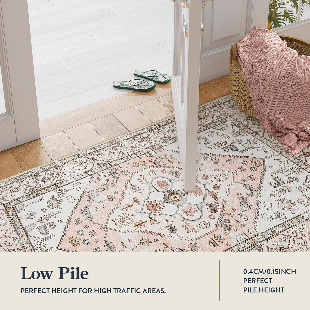 Boho Washable Non-Slip Pink Rug - Ultra-Thin Non-Shedding Bedroom Bathroom Carpet Runner for Hallway Entryway Adelyn (Pink, 2'x6')