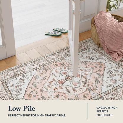 Boho Washable Non-Slip Pink Rug - Ultra-Thin Non-Shedding Bedroom Bathroom Carpet Runner for Hallway Entryway Adelyn (Pink, 2'x6')