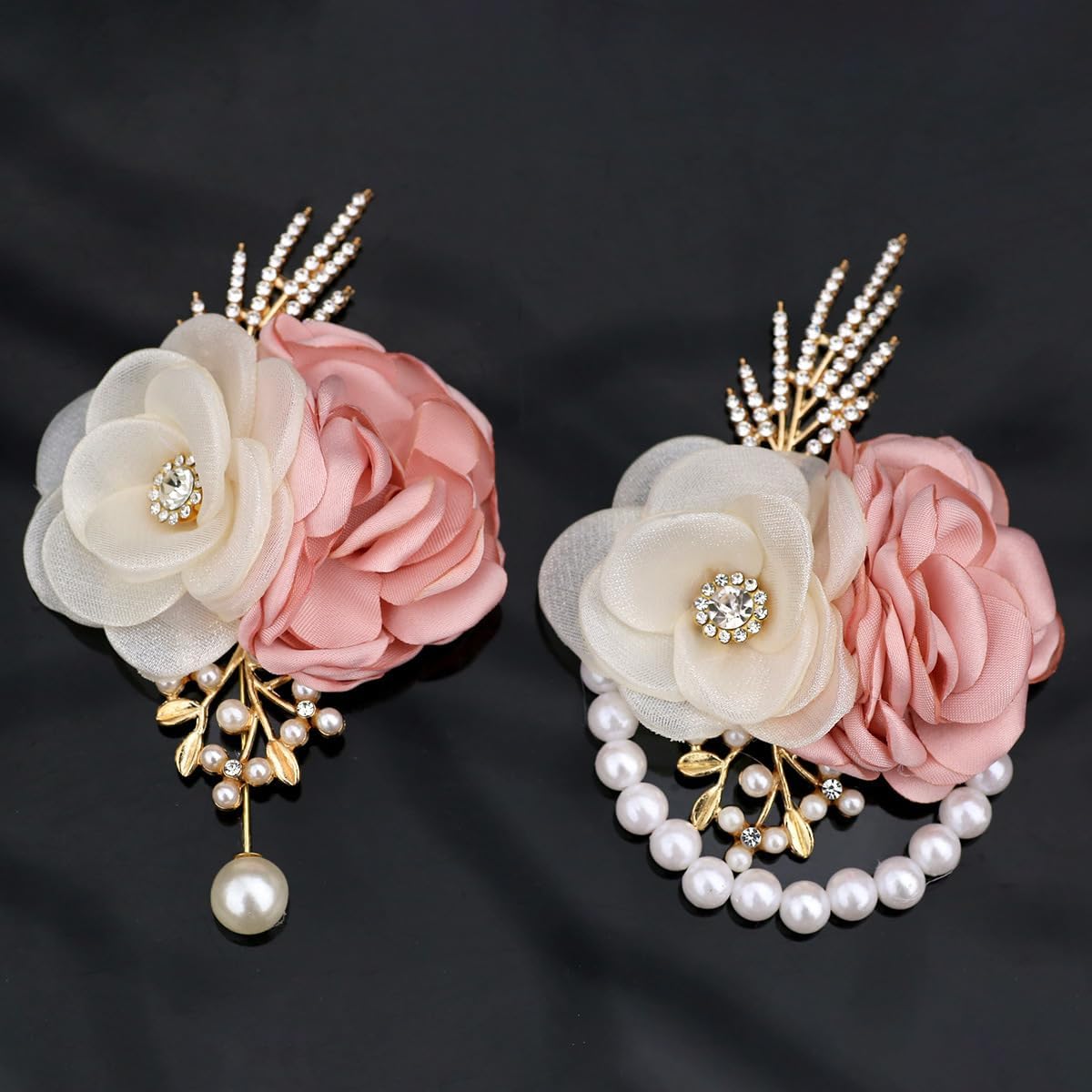 Satin Rose Corsage and Boutonniere Set for Bride Groom Bridesmaids Groomsmen Wedding Homecoming Flowers Prom Party Suit Accessories (Pink)
