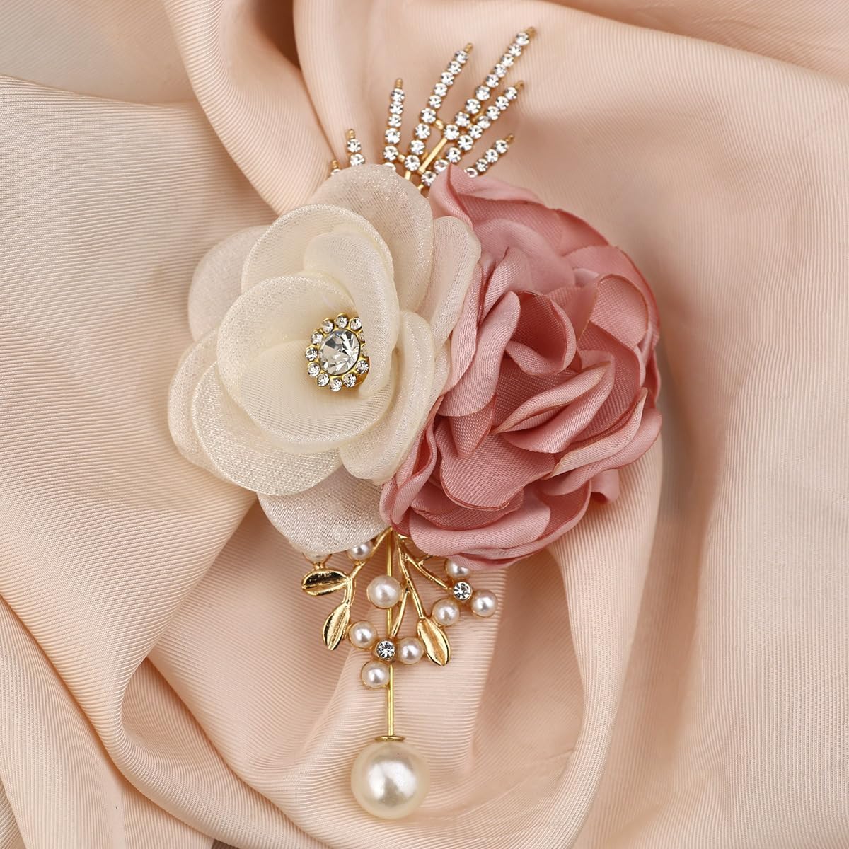 Satin Rose Corsage and Boutonniere Set for Bride Groom Bridesmaids Groomsmen Wedding Homecoming Flowers Prom Party Suit Accessories (Pink)