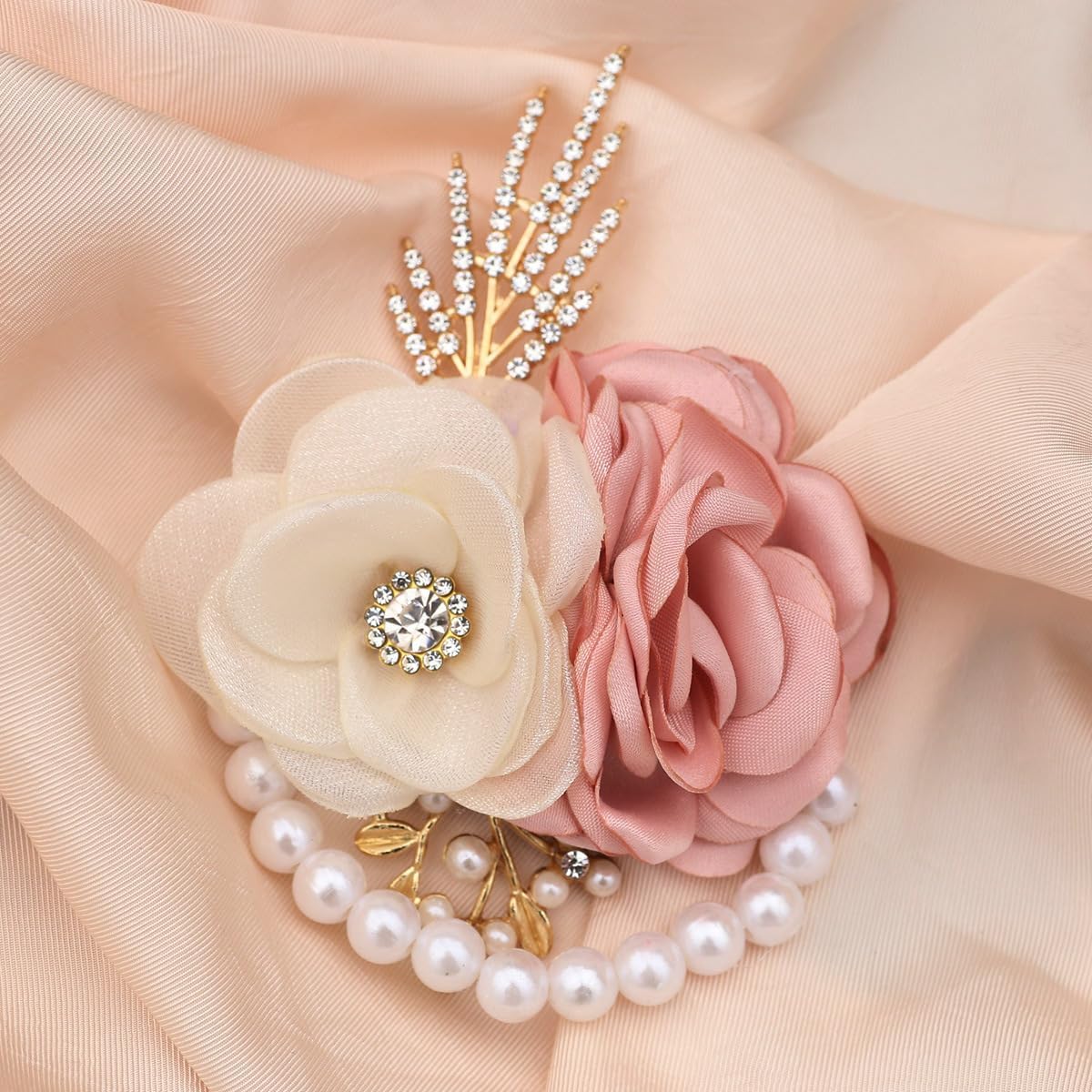 Satin Rose Corsage and Boutonniere Set for Bride Groom Bridesmaids Groomsmen Wedding Homecoming Flowers Prom Party Suit Accessories (Pink)