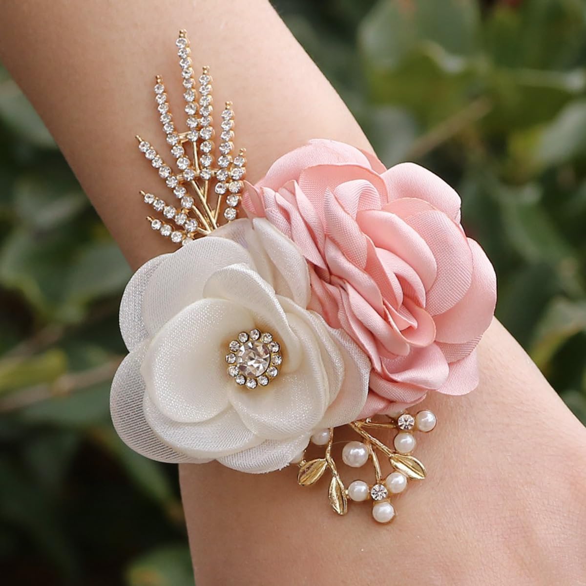 Satin Rose Corsage and Boutonniere Set for Bride Groom Bridesmaids Groomsmen Wedding Homecoming Flowers Prom Party Suit Accessories (Pink)