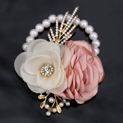 Satin Rose Corsage and Boutonniere Set for Bride Groom Bridesmaids Groomsmen Wedding Homecoming Flowers Prom Party Suit Accessories (Pink)