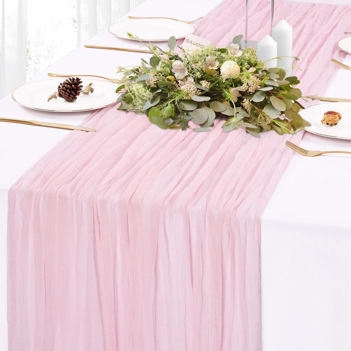 Pink Cheesecloth Table Runner 10FT Boho Rustic Sheer Cheese Cloth Table Runners 120 Inch Gauze Table Decorations for Wedding Bridal Birthday Party Home Decor