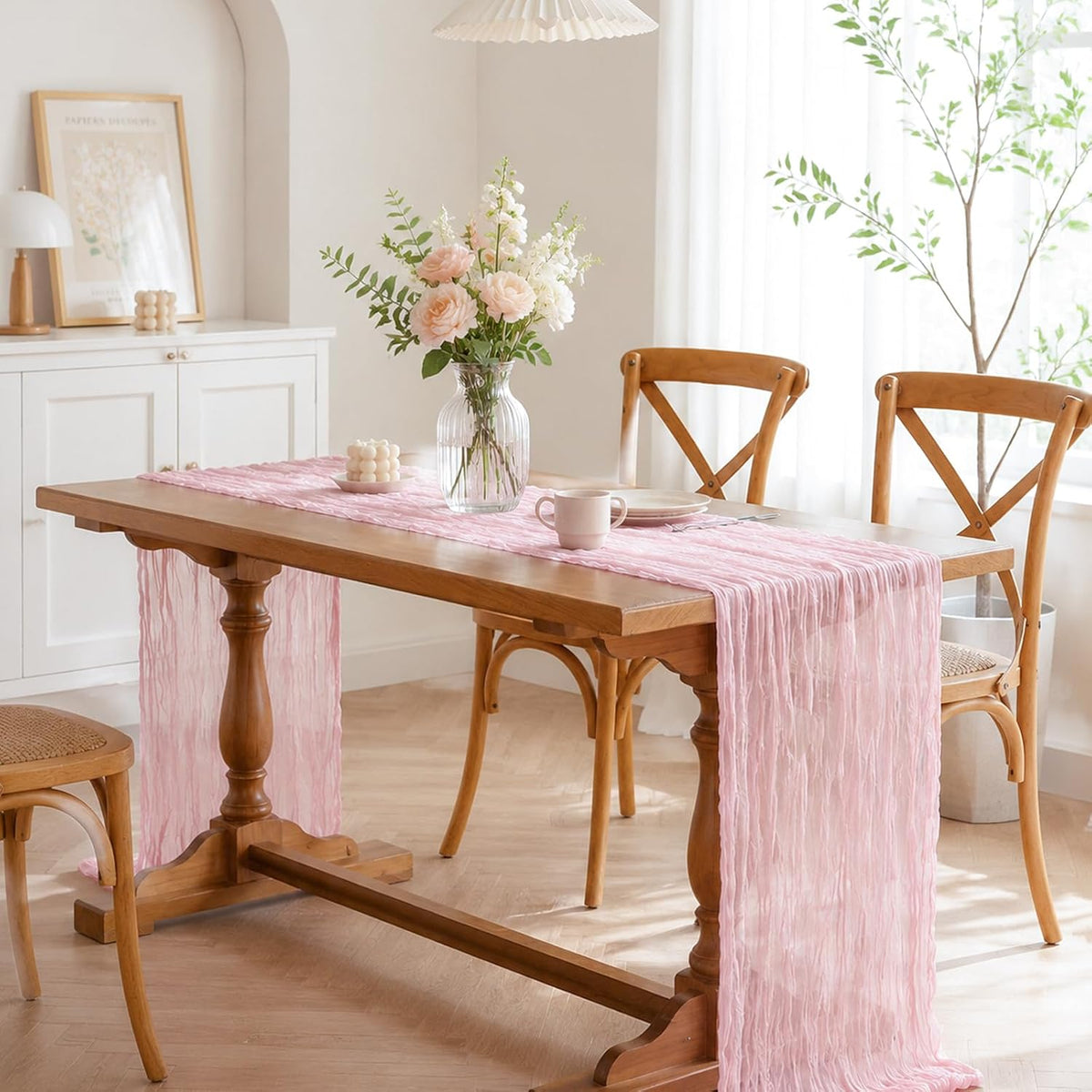 Pink Cheesecloth Table Runner 10FT Boho Rustic Sheer Cheese Cloth Table Runners 120 Inch Gauze Table Decorations for Wedding Bridal Birthday Party Home Decor