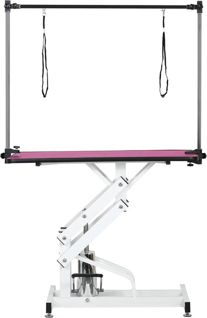 43" Professional Hydraulic Pet Grooming Table, Heavy Duty Z-Lift Dog Grooming Station with Adjustable H-Bar, 330 Lbs Max Static Capacity (Pink)