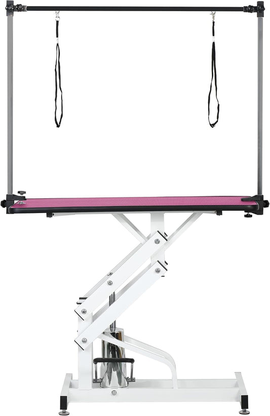 43" Professional Hydraulic Pet Grooming Table, Heavy Duty Z-Lift Dog Grooming Station with Adjustable H-Bar, 330 Lbs Max Static Capacity (Pink)
