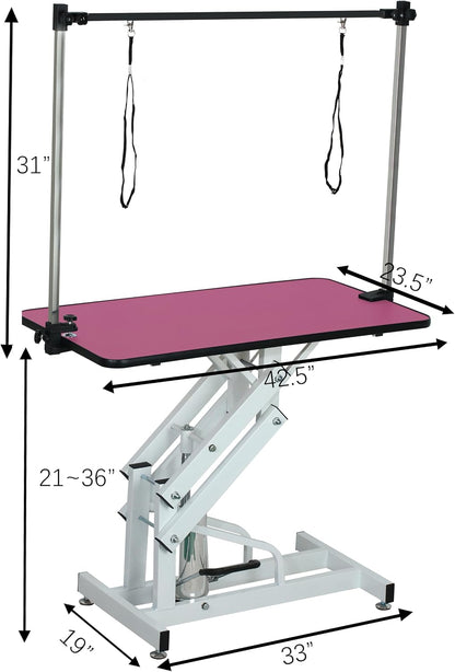 43" Professional Hydraulic Pet Grooming Table, Heavy Duty Z-Lift Dog Grooming Station with Adjustable H-Bar, 330 Lbs Max Static Capacity (Pink)