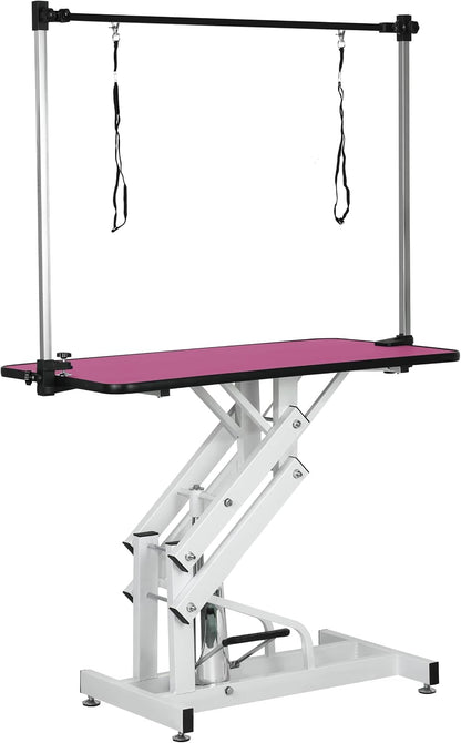 43" Professional Hydraulic Pet Grooming Table, Heavy Duty Z-Lift Dog Grooming Station with Adjustable H-Bar, 330 Lbs Max Static Capacity (Pink)