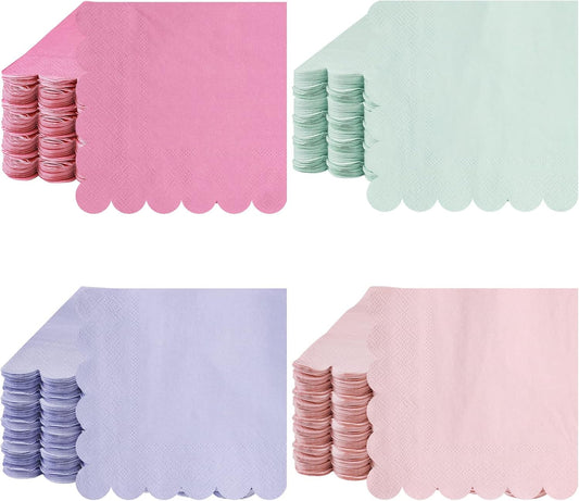 Kosiz 100 Pieces Scalloped Edged Cocktail Napkins 5 x 5" Disposable Pastel Paper Napkins Bulk for 4 Macaron Colors Wedding Shower Baby Beverage Dinner Birthday Party Home Kitchen Supplies Tableware