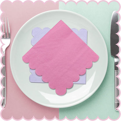 Kosiz 100 Pieces Scalloped Edged Cocktail Napkins 5 x 5" Disposable Pastel Paper Napkins Bulk for 4 Macaron Colors Wedding Shower Baby Beverage Dinner Birthday Party Home Kitchen Supplies Tableware