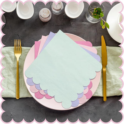 Kosiz 100 Pieces Scalloped Edged Cocktail Napkins 5 x 5" Disposable Pastel Paper Napkins Bulk for 4 Macaron Colors Wedding Shower Baby Beverage Dinner Birthday Party Home Kitchen Supplies Tableware