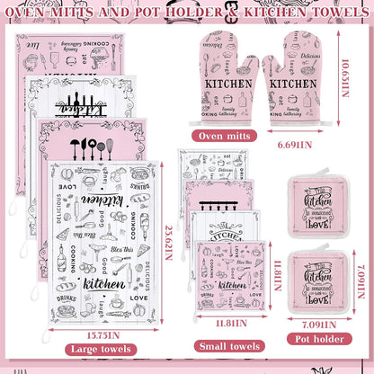 12 Pcs Farmhouse Pink Kitchen Decorations Sets 4 Pink and White Kitchen Towels 4 Absorbent Dishcloths 2 Pot Holders 2 Oven Mitts Gloves for Home Decorations Mom Gifts